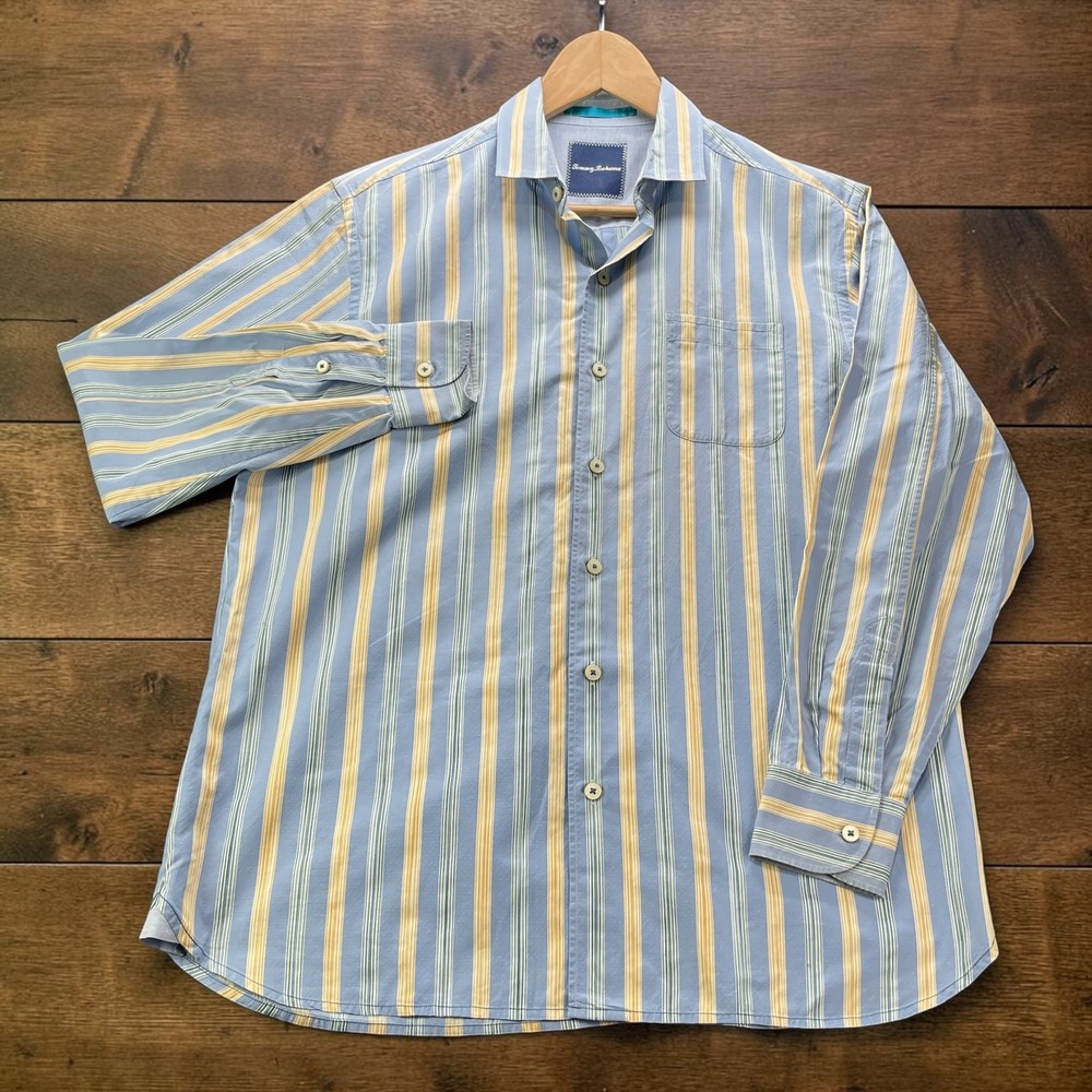 Tommy Bahama Mens Blue Yellow Striped Long Sleeve Button Down Shirt Size L